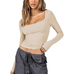 Women’s Long Sleeve Square Neck T Shirts Ribbed Y2K Casual Fall Slim Fitted Crop Top