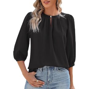 Rapbin Keyhole V Neck Puff 3/4 Length Sleeve Womens Tops Dressy Casual Chiffon Work Blouses Pleated T-Shirts Loose Fit S-XXL