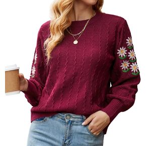 ZAFUL Women's Crew Neck Daisy Print Sweaters Cable Knit Embroidered Loose Casual Lantern Long Sleeve Pullover Jumper