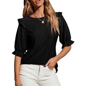 EVALESS Womens Casual Summer Tops Crewneck Ruffle Short Sleeve Shirts Sexy Crochet Hollow Out T Shirts Solid Tee Blouses