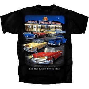 Joe Blow T's Chevrolet Night Time Vintage Retro Diner Scene Good Times Roll Cotton Preshrunk T-Shirt - Black