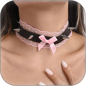 Asphinien Gothic Black Leather Rivet Choker Necklace Lace Bow Knot Cool Punk Lolita Pink Bow Choker Wide Short Collar Necklace for Women Men Girls