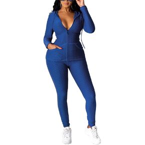 Elosele Women's Workout Sets 2 Piece Front Zip Long Sleeve Hoodies and Textured Leggings Set Gym Clothes Yoga Outfits