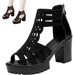Womens Chunky High Heel Fish Mouth Gladiator Sandals Back Zipper Fashion Comfort Cutout Open Toe Non-slip Rome High Heels Sandals for Beach Dressy Party Dress