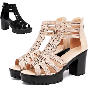 Womens Chunky High Heel Fish Mouth Gladiator Sandals Back Zipper Fashion Comfort Cutout Open Toe Non-slip Rome High Heels Sandals for Beach Dressy Party Dress