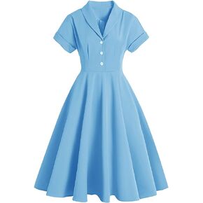 Women 1950s Vintage Shirt Dress 40s 50s Cape Collar A-line Swing Office Work Party Tea Dresses