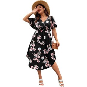 WDIRARA Women's Plus Size V Neck Floral Print Butterfly Sleeve A Line Flared High Waist Dress