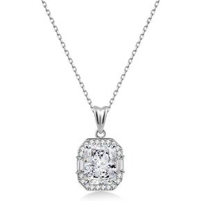 PHNIBIRD 925 Sterling Silver Necklaces for Women 4 Carats Square Diamond Necklace Radiant Cut Birthstone Necklace Jewelry Gift, Chain18+ 2"