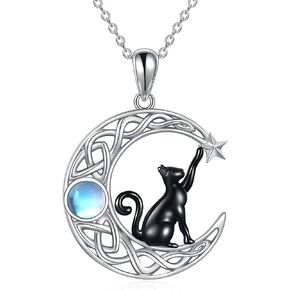 VONALA 925Sterling Silver Moon Black Cat Necklace for Women Tree of Life Cat Jewelry for Women Abalone Necklace Cat Gifts for Cat Lover Birthday Gifts
