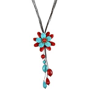 AeraVida Flower Blossom Pendant Reconstructed Blue Turquoise and Simulated Red Coral Boho Chic Long Charm Necklace