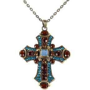 Alilang Ornate Antique Golden Tone Colorful Rhinestone Cross Pendant Necklace
