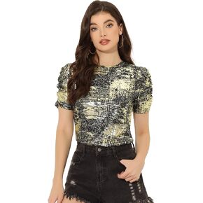 Allegra K Women's Metallic Glitter Top Party Round Neck Puff Sleeve Stretch Shiny Sparkly Tops