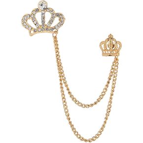 Crystal Crown Hanging Chain Brooch Lapel Pin,Rhinestone Long Chian Tassel Brooch Suit Pin,Shirt Studs Wedding Brooch Pin for Men Women
