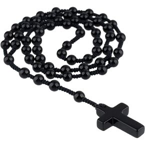 Nupuyai Natural Gemstone Cross Stone Pendant Necklace Amulet Healing Crystal Beads Long Braided Necklace for Women Men