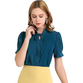 Allegra K Women's Summer Puff Short Sleeves Blouse Tie Neck Work Office Button Down Shirt