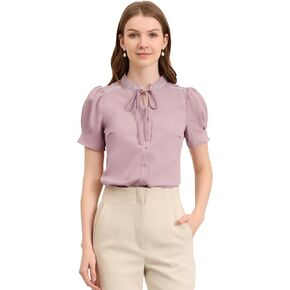 Allegra K Women's Summer Puff Short Sleeves Blouse Tie Neck Work Office Button Down Shirt