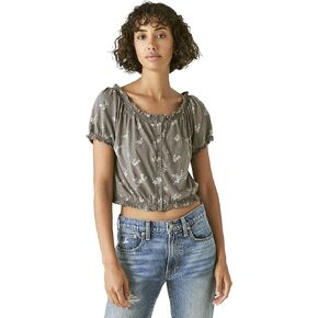 Lucky Brand Women's Short Sleeve Feminine Buble Hem with Buttons