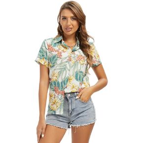 Aeslech Women's Hawaiian Shirt Lightweight Short Sleeve Button Down Casual Tropical Summer Tops