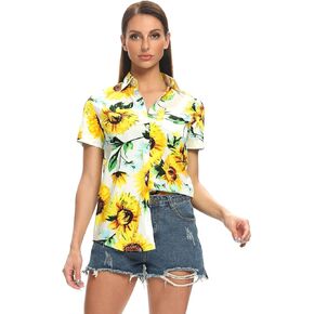 Aeslech Women's Hawaiian Shirt Lightweight Short Sleeve Button Down Casual Tropical Summer Tops