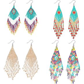 Tuanse 4 Pairs Long Beaded Tassel Earrings Bohemia Colorful Handmade Beaded Earrings Seed Bead Statement Fringe Drop Dangle Earrings Boho Jewelry for Women Girls Gifts, 4 Styles