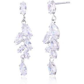 Cubic Zirconia Bridal Earrings - Sterling Silver Marquise Crystal Zircon Rhinestone CZ Cluster Floral Leaf Dangle Drop Earrings for Women Girls Wedding Party Prom Bride Bridesmaids Jewelry