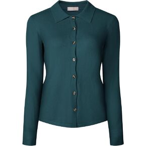 Hobemty Women's Ribbed Button Down Blouse Long Sleeve Turn Down Collar Knitted Tops
