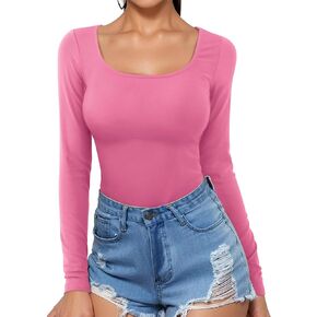 Amoretu Womens Long Sleeve Shirts Scoop Neck Slim Fit T Shirt Ribbed Tops Tee Tunic