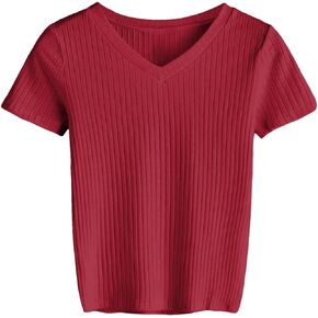 SweatyRocks Women's Basic Short Sleeve V Neck Ribbed Knit Crop Top Tee Shirt