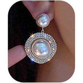 Wiwpar Pearl Rhinestone Circle Earrings Pearl Dangle Drop Earrings Dainty Round Shaped Pearl Earrings for Women Girls