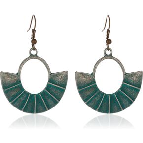 Dreuyet Handmade Antique Ethnic Earrings Vintage Hollow Shield Fan Sector Earrings Bohemian Tribal Hammered Dangle Earrings for Women Boho Vintage Jewelry