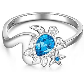 Wave Sea Turtle Ring Sterling Silver Sapphire Jewelry Ocean Themed Starfish Blue Zircon Diamond Turtle Rings Gifts for Women Teen Girls Sister Friend Mom Size 6 7 8 9 10