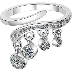 NewZenro Round CZ Tassel Dangle Drop Wrap Open Adjustable Statment Rings for Women Girls Sterling Silver Plated Crystal Diamond Fashion Dainty Band Finger Ring Jewelry Gifts Bff Birthday