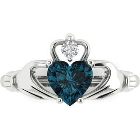 Clara Pucci 1.52ct Heart Cut Irish Celtic Claddagh Solitaire Natural London Blue Topaz gemstone designer Modern Ring 14k White Gold