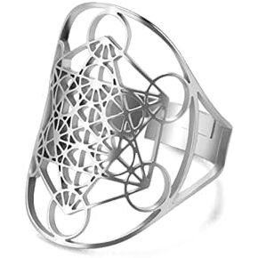 Metatron Cube Ring for Men Women Magic Men's Archangel Adjustable Finger Rings Signet Ring Band Stainless Steel Sacred Geometry Hexagram Protection Amulet Ring Statement Band (Sliver)