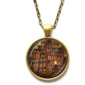 Vintage Library necklace , Librarian pendant ,Books jewelry , writer ,teacher , book nerd necklace