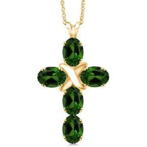 Gem Stone King 18K Yellow Gold Plated Silver Green Chrome Diopside Cross Pendant Necklace For Women (2.75 Cttw, Gemstone, Oval 6X4MM, With 18 Inch Silver Chain)