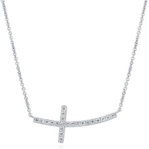 BERRICLE Sterling Silver Sideways Cross Cubic Zirconia CZ Fashion Pendant Necklace for Women, Rhodium Plated