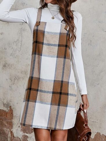 Floerns Women's Plaid Print Pinafore Straight Hem Overall Dress Without Sweater in Saudi Arabia