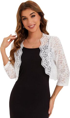 BENANCY Women's Elegant 3/4 Sleeve Sheer Floral Lace Shrug Cardigan in Kuwait