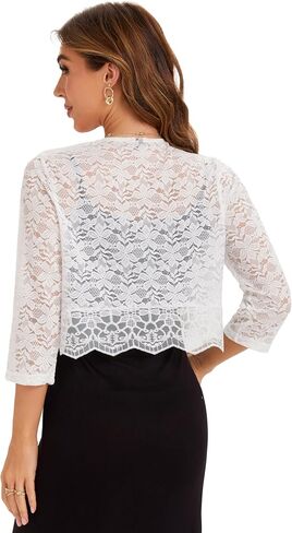 BENANCY Women's Elegant 3/4 Sleeve Sheer Floral Lace Shrug Cardigan in Kuwait