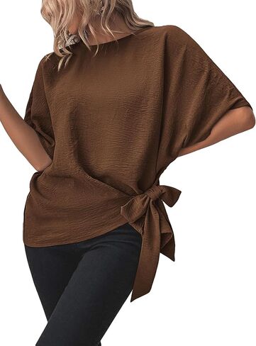 Verdusa Women's Batwing Sleeve Knot Side Round Neck Blouse Shirt Top in Kuwait