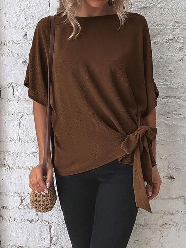 Verdusa Women's Batwing Sleeve Knot Side Round Neck Blouse Shirt Top in Kuwait