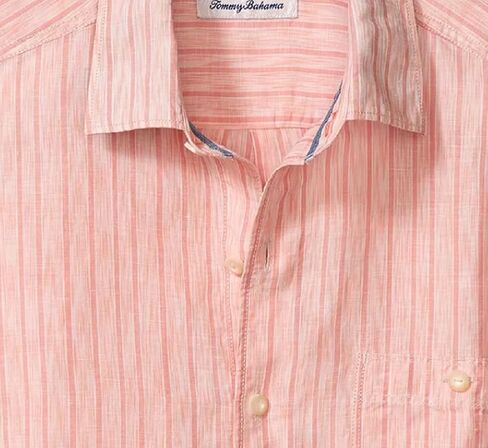 قميص التخييم من مزيج الكتان المخطط من قماش الكتان الرملي من Tommy Bahama (اللون: مرجاني Lt، مقاس L) in Saudi Arabia
