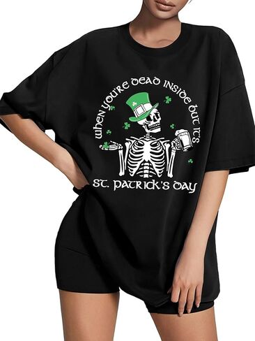 تي شيرت عيد القديس باتريك للسيدات قمصان شامروك كبيرة الحجم هدايا أيرلندية مضحكة تي شيرت كاجوال برسوم جمجمة in Kuwait