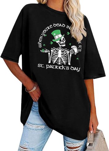 تي شيرت عيد القديس باتريك للسيدات قمصان شامروك كبيرة الحجم هدايا أيرلندية مضحكة تي شيرت كاجوال برسوم جمجمة in Kuwait