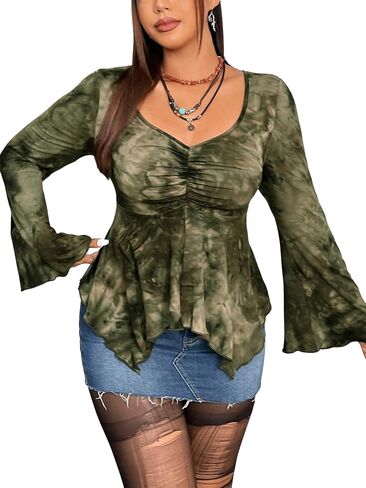 Floerns Women's Plus Size Tie Dye Long Sleeve Asymmetrical Hem Sweetheart Neck Tee Top in Saudi Arabia