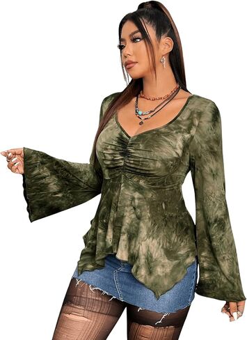 Floerns Women's Plus Size Tie Dye Long Sleeve Asymmetrical Hem Sweetheart Neck Tee Top in Saudi Arabia