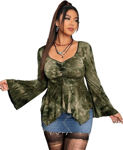 Floerns Women's Plus Size Tie Dye Long Sleeve Asymmetrical Hem Sweetheart Neck Tee Top in Saudi Arabia