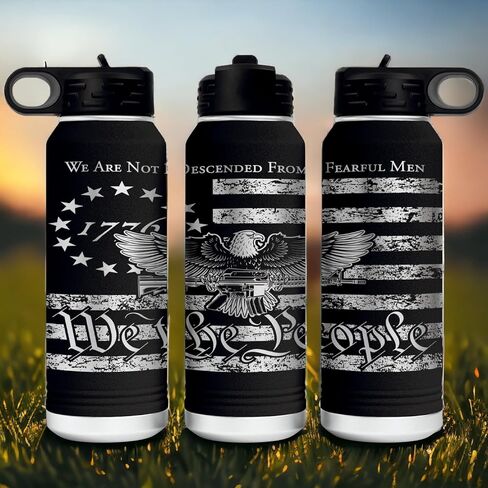 We Are Not Fearful Men 32 Ounce American Flag Double Walled Stainless Steel Insulated 32oz Water Bottle – Full 360 Degree Engraving – Engraved in USA in Saudi Arabia