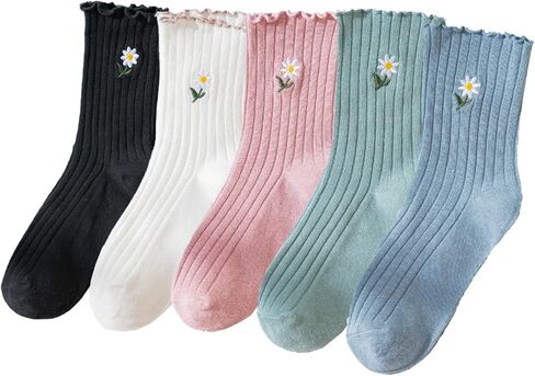 عباد الشمس التطريز مكشكش لطيف الجوارب كشكش عالية الكاحل Kawaii لوليتا الجوارب هدايا للنساء الجوارب 5/8 أزواج in Kuwait